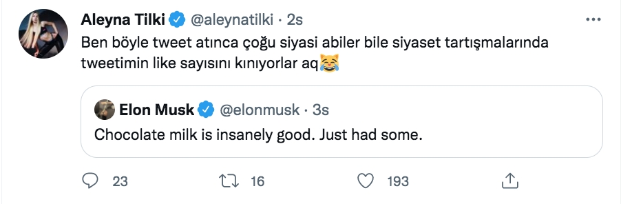 aleyna tilki den elon musk un cikolatali sut tweetine olay yorum